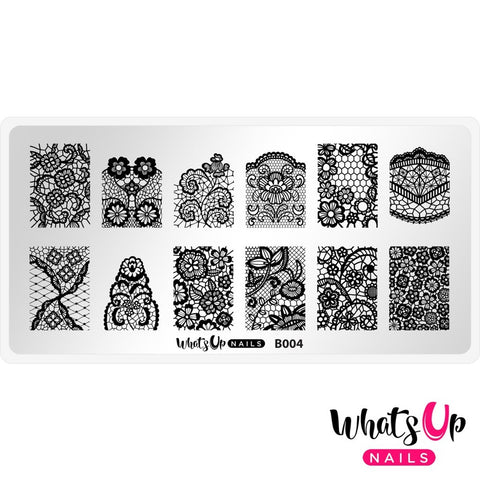 What's Up Nails Metal Stamping Plates daily charme Solo nails Nail Art Supplies Seductive Lace crochet floral flower sexy netting nets stocking fringes leaf nature trimming pattern delicate lady girly vintage interweave