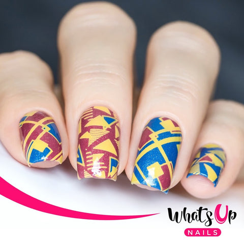 What's Up Nails Metal Stamping Plates daily charme Solo nails Nail Art Supplies geo radical contemporary art modern blocking color mondern simple repeating pattern triangle line lines block square shapes circle circles Piet Mondrian bubble arrow nature rocks 