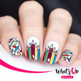 What's Up Nails Metal Stamping Plates daily charme Solo nails Nail Art Supplies School's In Session student students teacher teachers grade grades grading math english science history pencil pencils pen pens glue ruler apple crayon crayons alarm clock alrams paper clip eraser erasers 